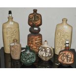 Seven Tremaen Pottery Newlyn Cornwall table lamp bases, five with labels, the largest 50cm high (7)