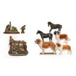 Two Capodimonte groups, a Capodimonte bird model, two Beswick horses, a Border Fine Arts St