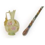 Victorian glass cane with beads, and a vaseline glass jug (2)
