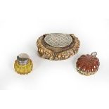 Three Metal-Mounted Vinaigrettes, one formed from an antler, the hinged cover engraved with