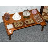 An oak bed tray, brass bound book slide, Baccarat ashtray, silver plated hip flask, art glass