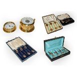 A cased set of six silver and enamel tea spoons, cased silver servers, plated cups and plated coffee