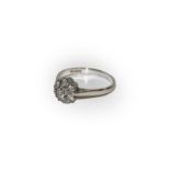 An 18 carat white gold diamond cluster ring, the central raised round brilliant cut diamond within a