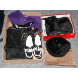 Assorted modern ladies' accessories, comprising a pair of purple suede Maude Frizon cowboy boots (