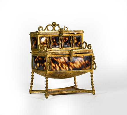 A Brass-Mounted Faux Tortoiseshell Box, in the form of a desk, hinged in two places which open to