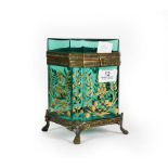 A Gilt-Metal Mounted Green Glass Casket, of octagonal section and on four paw feet, the glass panels