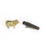 A Brass Cigar-Cutter, modelled as a bull, 7cm long; Together With: a knife, with tapering and fluted