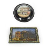Two reverse painted glass pictures, one oval depicting the Maison Rubens, in black painted frame,