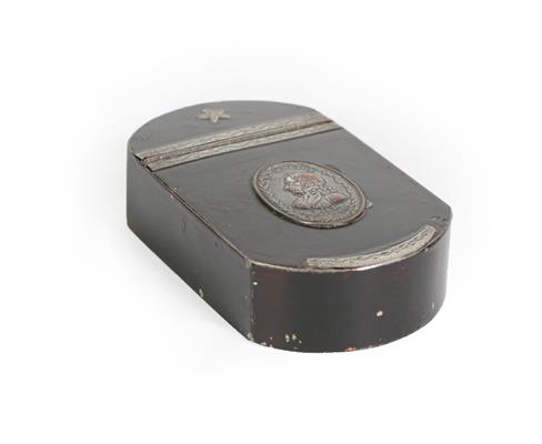 A 19th Century Painted Tin Snuff-Box, shaped oblong, the hinged cover set with a silver plated