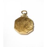 A textured locket, stamped '750', length 4.6cm. Gross weight 9.8 grams.