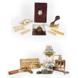 A Collection of Assorted Items, including: a gilt-metal stand, the back and base each with a