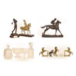 20th century etched glass horse racing trophies, a bronzed metal golf trophy, brass and spelter