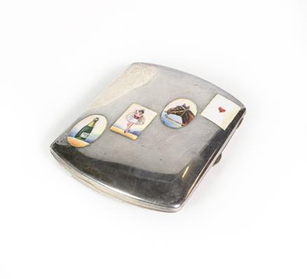 A German Silver and Enamel Card-Case, With Crown and Moon Standard Mark, Dated 1918, oblong, the