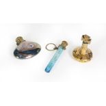 Three Glass Scent-Bottle, one of cylindrical blue glass, enameled with foliage and flowers;