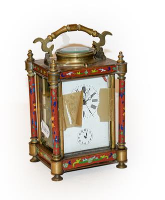 A 20th century brass and enamel centre seconds striking alarm carriage clock