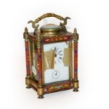 A 20th century brass and enamel centre seconds striking alarm carriage clock