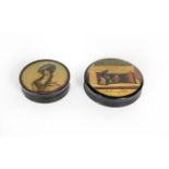 Two Victorian Papier Mache Snuff-Boxes, each circular and with pull-off cover, the cover of one