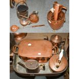 A group of 19th century copper including an ale muller, harvest jug, kettles, coal bucket,