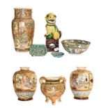 Various Chinese and Japanese ceramics including temple lion, Satsuma vase etc, with two enamel