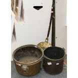 Two copper coal buckets and an 18th/19th century bed warming pan (3)