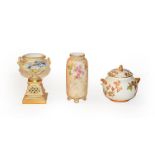 A Royal Worcester blush ivory urn (lacking cover), 14cm, a jar and cover with puce marks (Ovington