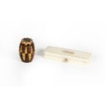 A Georgian pique decorated bone toothpick case and a Tunbridgeware barrel shaped thread waxer (2)