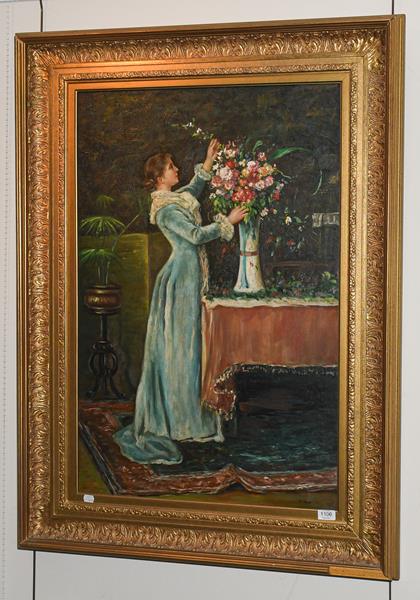 W Mander (Contemporary) A lady arranging flowers in an interior, signed oil on canvas, 90cm by 60cm
