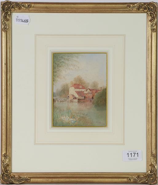 Fred E J Goff, Ship Lake Mill, signed watercolour, 15cm by 10cm