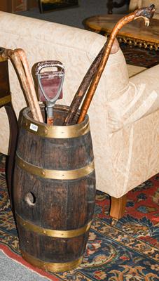 Brass bound oak barrel converted to a stick stand together with four walking sticks and a shooting