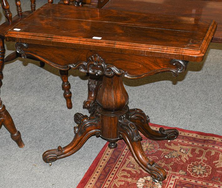 A Victorian rosewood fold-over pedestal tea table, 91cm by 44cm by 72cm