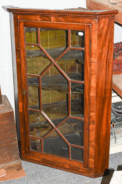 A Georgian inlaid mahogany glazed corner cupboard, 80cm by 50cm by 115cm