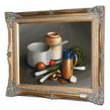 George Reekie (20th/21st century) Still life of assorted vessels and vegetables Signed, oil on