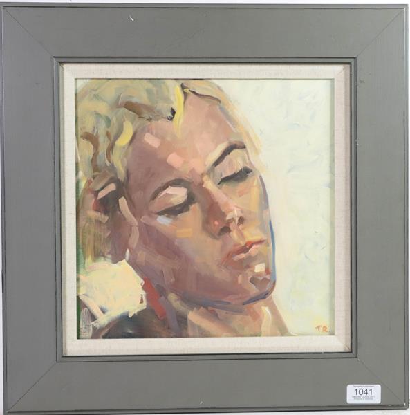 Tim Rose (Contemporary) Head Study of a lady Initialled, oil on board, 29cm by 29cm