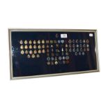 A collection of seventy-six Elizabeth II police tie pins, framed, 23cm by 49cm
