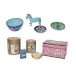 A tray of early 20th century Canton enamel dishes and boxes including a pink ground rectangular