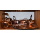 Copper kettles, fish kettle, copper ware, etc (one shelf)