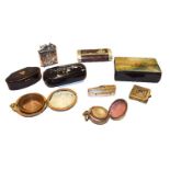 A Georgian lacquered snuff box, a Vernis Martin example, two others together with a novelty vesta