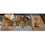 A tray and two boxes of assorted metalwares including Eastern brass items powder flask etc, pair