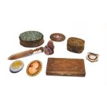 A small tray of assorted items, including: 19th century Cantonese ivory, decorative brass card case,