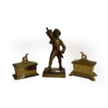 Art Deco figural table lighter, two tobacco jars and three metal sculptures (6)