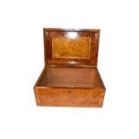A Victorian specimen wood inlaid box with burr and figured woods, 32.5cm wide (no key). Some