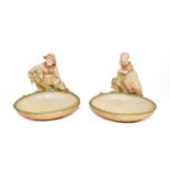 A pair of Royal Worcester comports, each modelled as a boy and a girl on a tree, some dated 1886