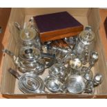 A collection of assorted silver plate, including tea and coffee wares and flatware (one box)