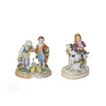 A Meissen porcelain figure of a boy and goat, 20th century, the boy holding fruiting vine on a