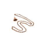A 9 carat gold rose gold chain, length 76.5cm, with a 9 carat gold mother-of-pearl and agate