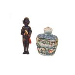 A Chinese coloured ivory snuff bottle circa 1920's and a Japanese figural wood netsuke (2). Snuff