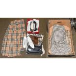 Assorted modern costume including Burberrys checked wool kilt and similar skirt, a pair of