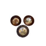 A quantity of 19th century Prattware pot lids, some framed (one tray)