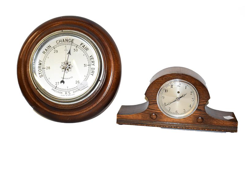 A Victorian slate and marble eight day mantel clock, together with an Edwardian inlaid mahogany - Image 2 of 3