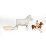 Beswick comprising Girl on Pony, model No. 1499, skewbald gloss, Sow Ch. ''Wall Queen 40th'',